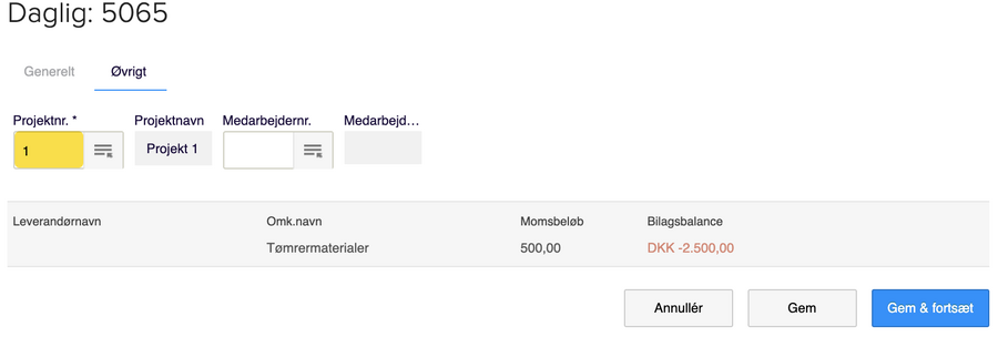Viser tilknytning af projektnummer på fanen "Øvrigt" i kassekladden – bruges til at fordele en del af en omkostning på et specifikt projekt.