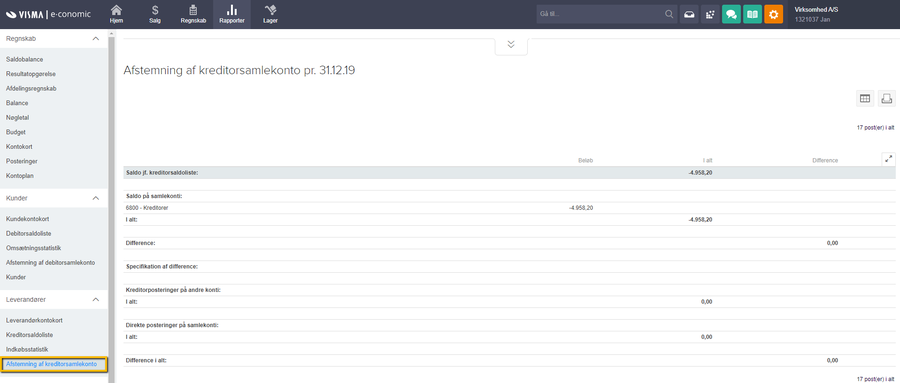 Viser rapporten Afstemning af kreditorsamlekonto i Rapporter – bruges til at afstemme saldoen på samlekontoen og finde eventuelle differencer.