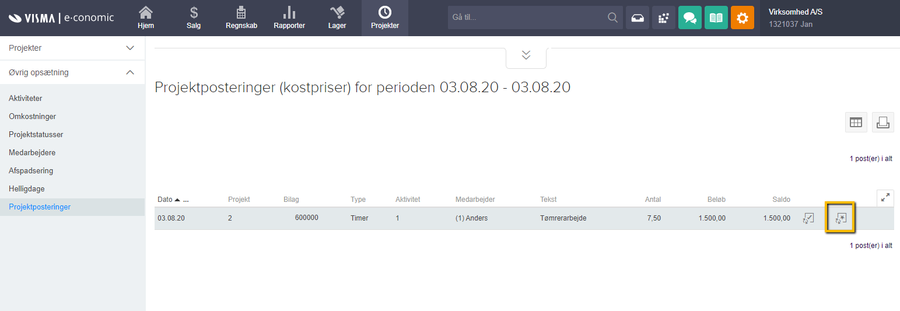 Viser liste over projektposteringer med mulighed for at vælge aktivitet – bruges til at omkontere projektpostering til en anden aktivitet.