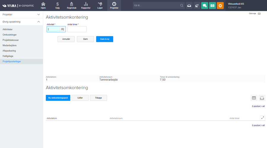 Viser siden Aktivitetsomkontering i Projektmodulet – bruges til at flytte en projektpostering til en ny aktivitet.