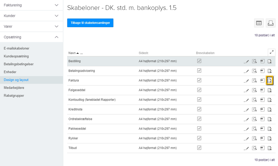 Viser Layout-ikonet på fakturalinjen i oversigten over skabeloner – bruges til at redigere fakturaens layout.