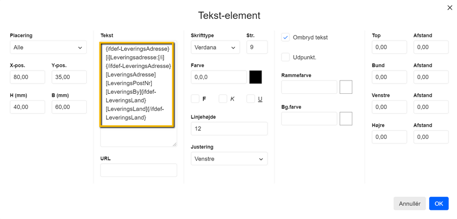 Viser et tekst-element i skabeloneditoren – bruges til at indsætte dynamiske felter, der automatisk tilføjer en leveringsadresse på en skabelon.