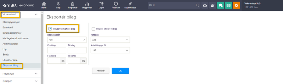 Viser siden 'Eksportér bilag' i Alle indstillinger – bruges til at udvælge og eksportere bilag.