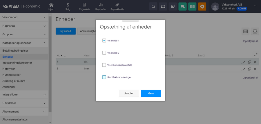 Viser opsætningen for enheder i Enheder – bruges til at vælge, hvilke enhedsfelter der skal vises.