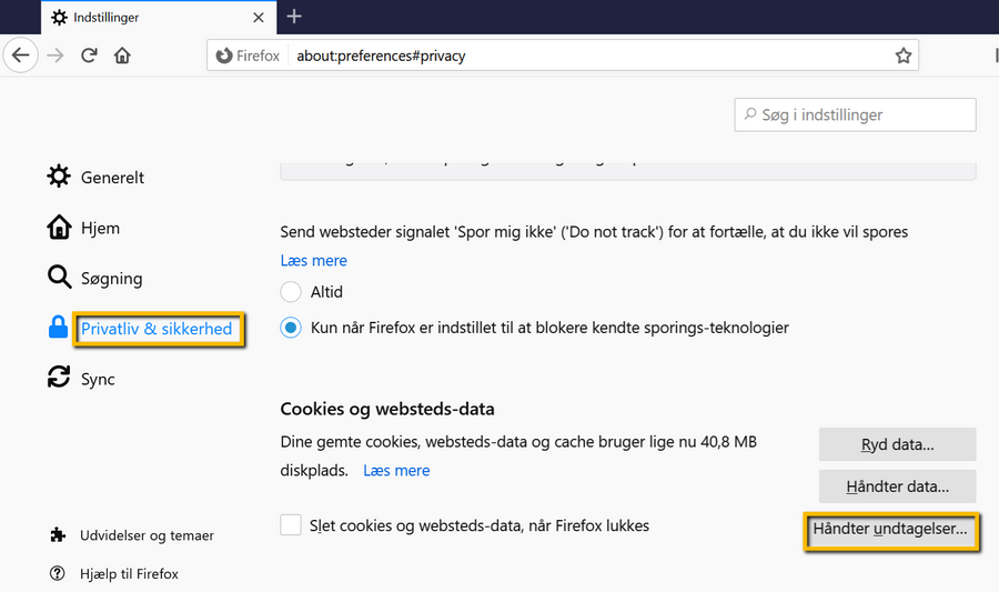 Viser menuen 'Privatliv & sikkerhed' og knappen 'Håndter undtagelser' i indstillingerne i Mozilla Firefox – bruges til at administrere undtagelser for cookies.