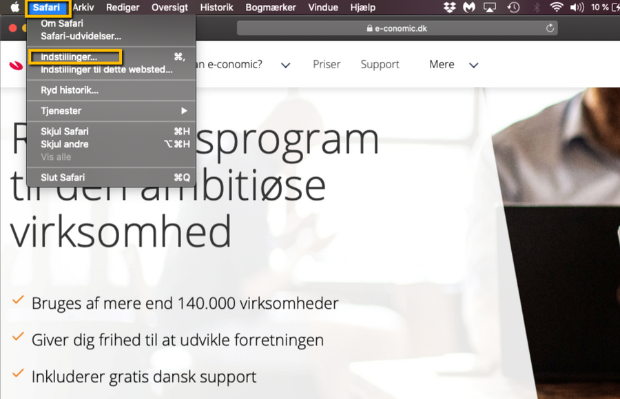 Viser valgmuligheden Indstillinger i Safari-menuen – bruges til at åbne indstillinger for browseren.
