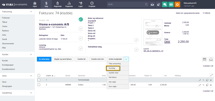 Viser menupunktet 'Grundlag' i menuen 'Andre muligheder' på en fakturakladde – bruges til at se grundlaget for fakturaen.