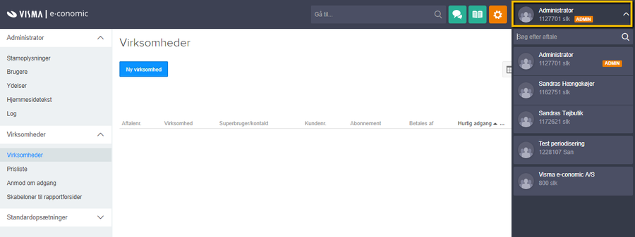 Viser rullemenu med virksomheder i topmenuen – bruges til at skifte mellem virksomheder.