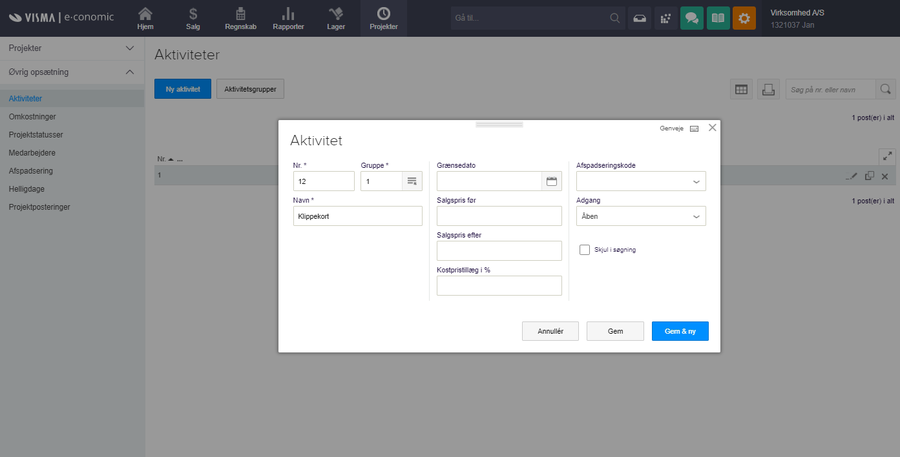 Viser oprettelse af en ny aktivitet i Projekt-modulet – bruges til at oprette den aktivitet, som klippekortets timeforbrug skal registreres på.