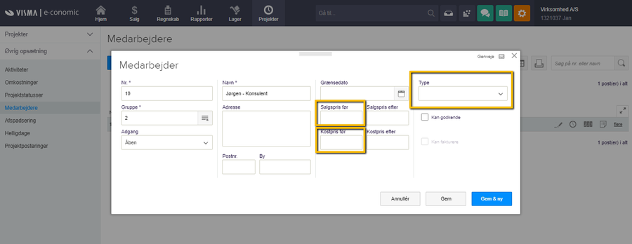 Viser oprettelse af en medarbejder i projektmodulet – bruges til at oprette en medarbejder uden salgs- og kostpris til et klippekort.