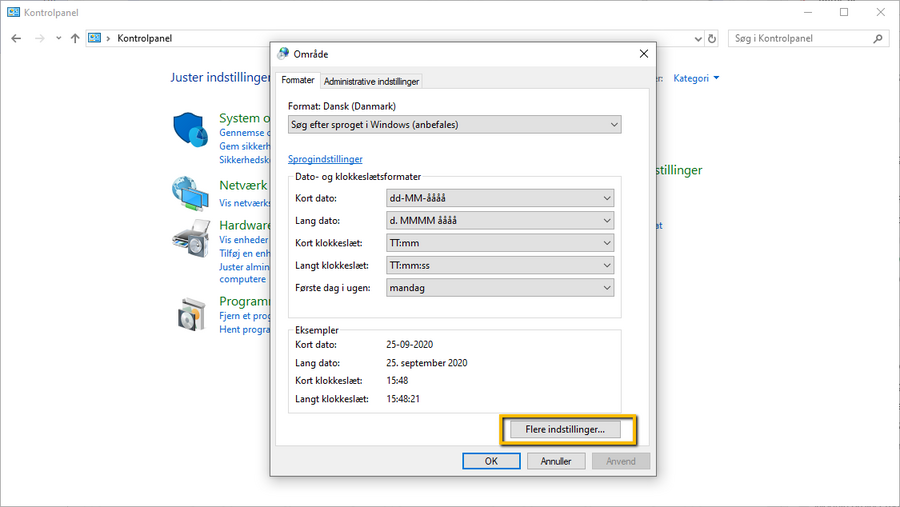 Viser knappen "Flere indstillinger" i vinduet "Område" – bruges til at åbne avancerede indstillinger for talformater.