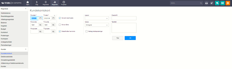 Viser opsætningsmulighederne for rapporten Kundekontokort i Rapporter – bruges til at definere kriterier for rapporten.