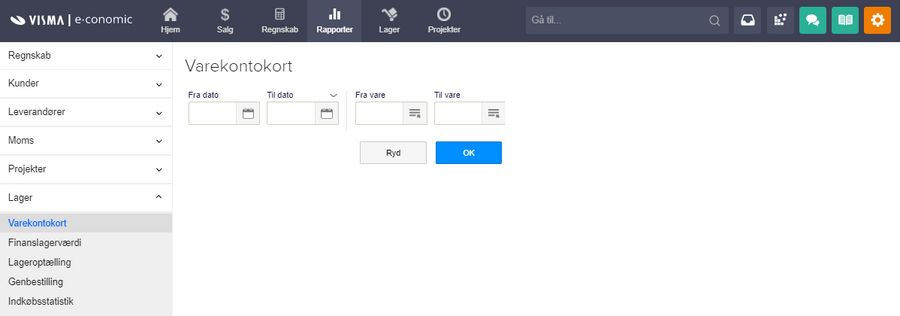 Viser filteringsmulighederne for Varekontokort i Rapporter – bruges til at filtrere og genere rapporten Varekontokort.