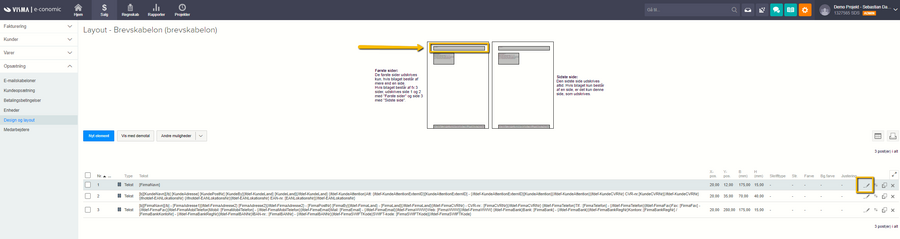 Viser "Rediger"-ikonet i opsætningen for en brevskabelon – bruges til at ændre indholdet for et element, f.eks. firmanavnet.