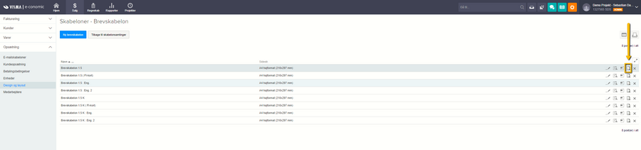 Viser Layout-ikonet i listen over brevskabeloner – bruges til at redigere layoutet for en valgt skabelon.