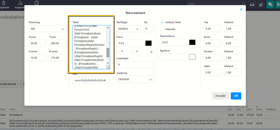 Viser pop-op vinduet "Tekst-element" i layout-editoren for skabeloner – bruges til at erstatte flettefelter for bankoplysninger med manuel tekst.