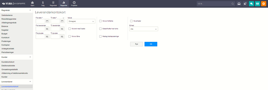 Viser opsætningsmulighederne for rapporten Leverandørkontokort i modulet Rapporter – bruges til at filtrere og specificere data for rapporten, før den dannes.