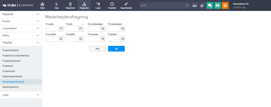 Viser indstillingerne for rapporten Medarbejderafregning i Rapporter – bruges til at danne afregningen.