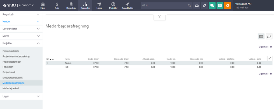Viser rapporten Medarbejderafregning i Rapporter-fanen – bruges til at opgøre en medarbejders timer, kørsel og udlæg.