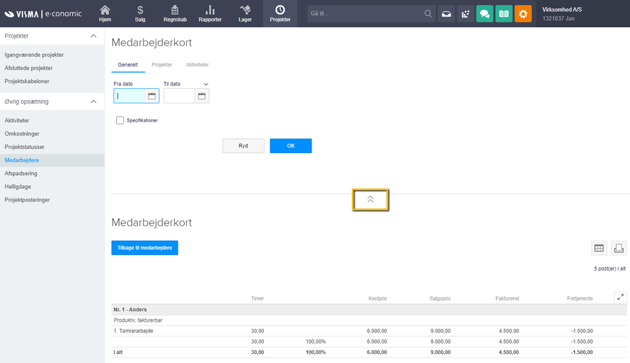 Viser knappen med to pile i Medarbejderkort – bruges til at vise eller skjule søgeområdet over rapporten.