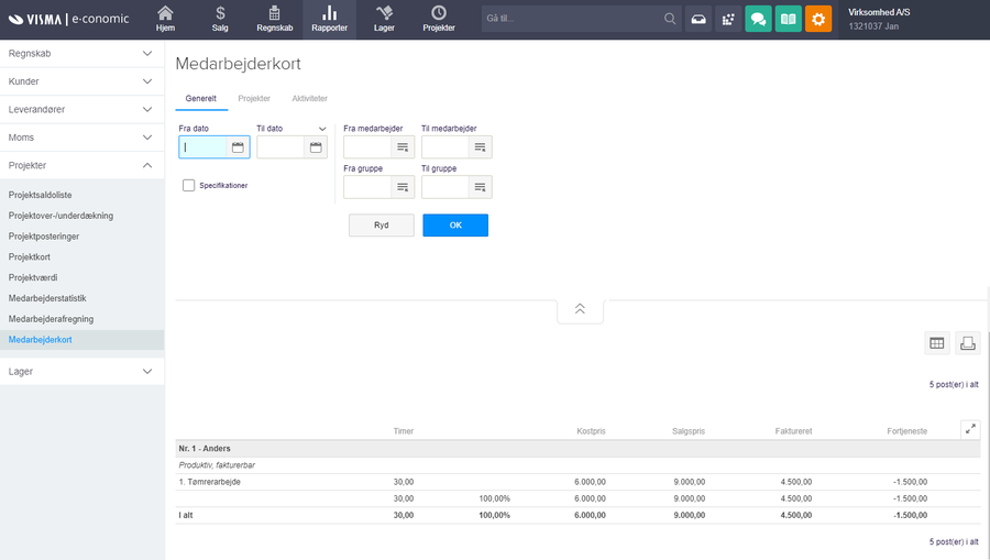 Viser søgekriterierne for rapporten Medarbejderkort i Rapporter – bruges til at afgrænse og generere en oversigt over medarbejderes registreringer.