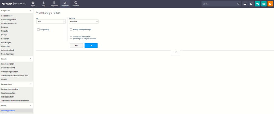 Viser filtrene til rapporten Momsopgørelse i Rapporter – bruges til at generere en momsopgørelse for en valgt periode.
