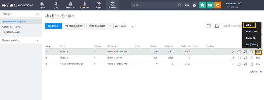 Viser 'Noter' i 'Flere'-menuen på projektlisten – bruges til at oprette en ny note på et projekt.