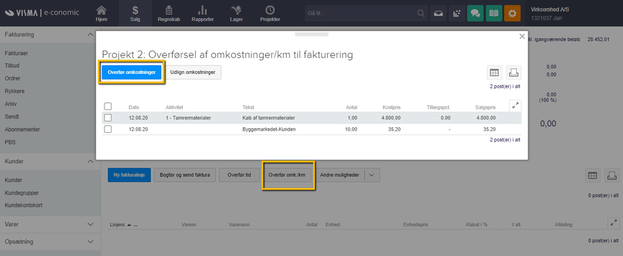 Viser vinduet for overførsel af omkostninger/km i Projektmodulet – bruges til at vælge og overføre registrerede projektomkostninger til en faktura.