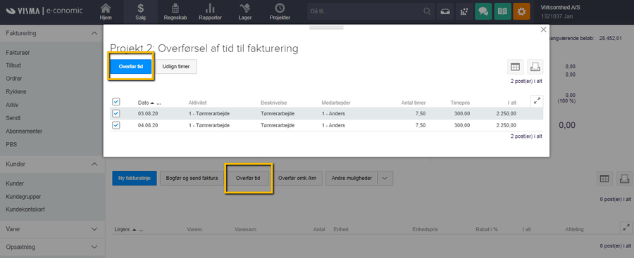 Viser vinduet 'Overførsel af tid til fakturering' i Projektmodulet – bruges til at vælge, hvilke tidsregistreringer der skal overføres til en faktura.