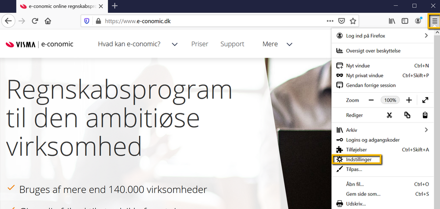 Viser menupunktet 'Indstillinger' i Mozilla Firefox – bruges til at åbne browserens indstillinger.