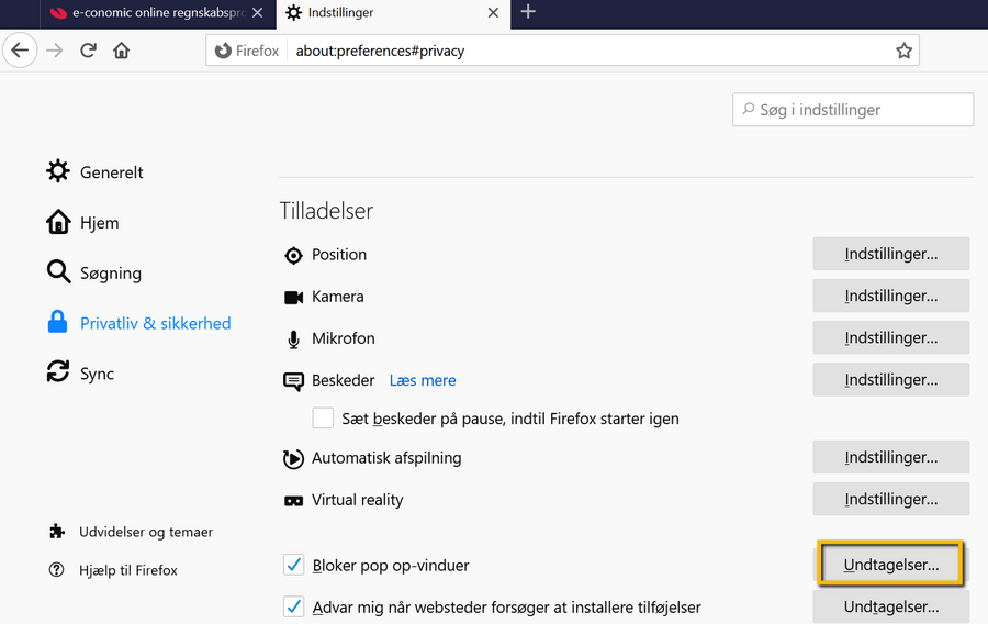 Viser knappen 'Undtagelser' i Firefox' indstillinger for 'Privatliv & sikkerhed' – bruges til at tilføje websteder, der må vise pop op-vinduer.