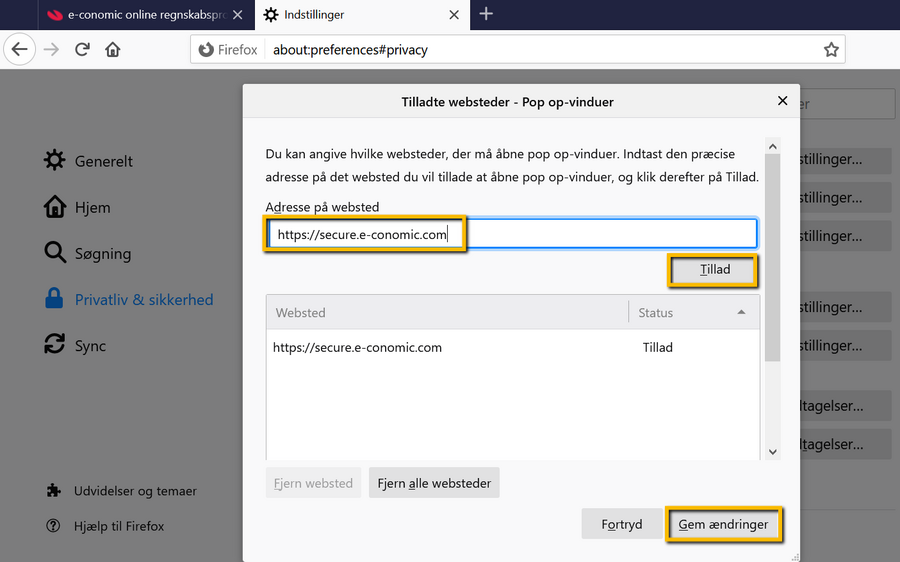 Viser indtastning af e-conomics webadresse i undtagelseslisten for pop op-vinduer i Firefox – bruges til at tillade pop op-vinduer fra e-conomic.