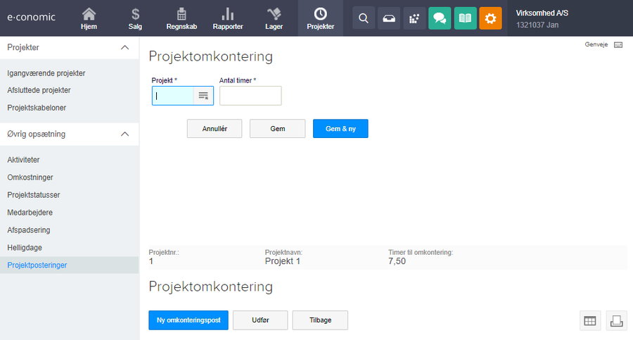 Viser projektomkonteringsvinduet i Projekter – bruges til at oprette en ny omkonteringspost for at flytte den valgte postering.