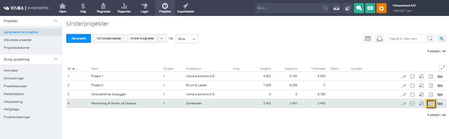 Viser linjeikonet 'Projektkort' i listen over igangværende projekter – bruges til at trække et projektkort for et specifikt projekt