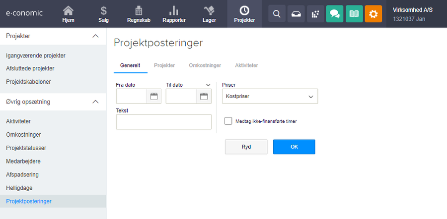 Viser filtermulighederne for projektposteringer i Projekt-modulet – bruges til at søge efter specifikke posteringer.