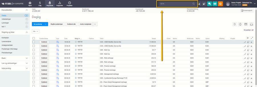 Viser QuickSearch-søgefeltet "Gå til..." i e-conomics topbjælke – bruges til at søge og navigere direkte til funktioner og sider i programmet.