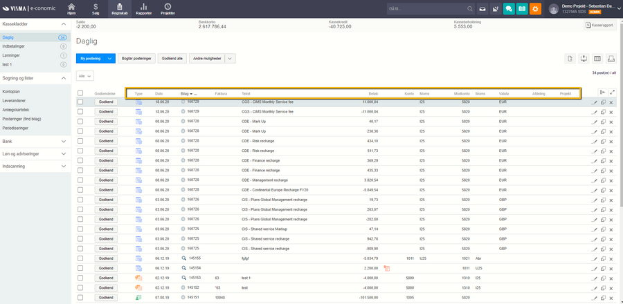 Viser kolonneoverskrifterne i en liste i Kassekladder – bruges til at sortere listens indhold.
