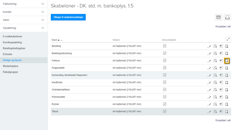 Viser layout-ikonet på Faktura-linjen i skabelonoversigten – bruges til at redigere fakturaens layout.
