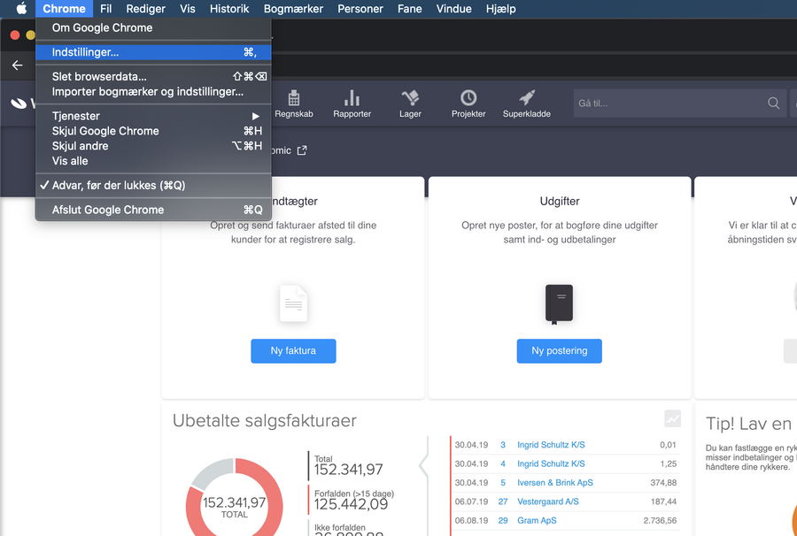 Viser menupunktet 'Indstillinger' i Chrome-menuen – bruges til at åbne browserindstillinger for at tillade pop op-vinduer.