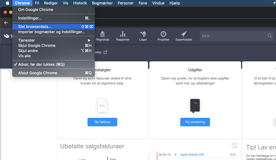 Viser menupunktet 'Slet browserdata' i Google Chrome-menuen – bruges til at slette cookies.