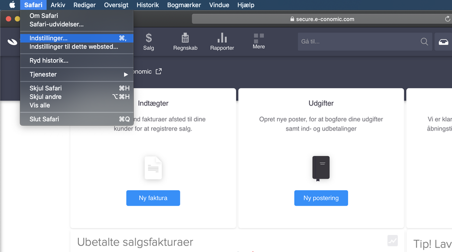 Viser valg af 'Indstillinger' i Safari-menuen – bruges til at åbne indstillingerne for at slette cookies