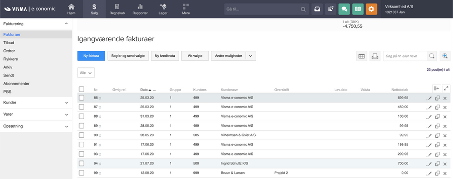 Viser oversigten over igangværende fakturaer i Salg – bruges til at skabe et overblik og administrere alle igangværende fakturaer.