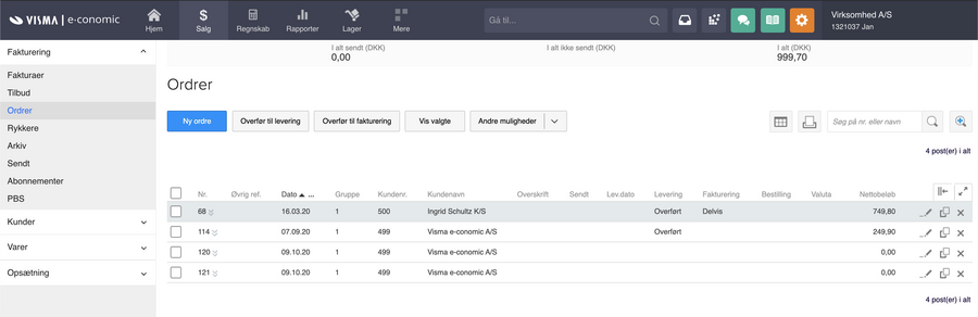 Viser ordreoversigten i salgsmodulet – bruges til at få et overblik over og administrere virksomhedens ordrer.