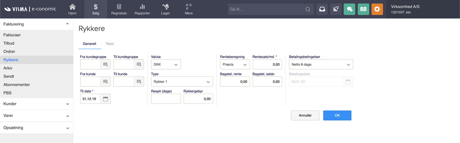 Viser dialogboksen til generering af rykkere i Salg – bruges til at fastsætte kriterier for hvilke kunder og fakturaer der skal modtage en rykker.