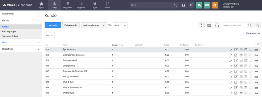 Viser kundeoversigten i fanen Salg – bruges til at få et overblik over og administrere virksomhedens kunder.