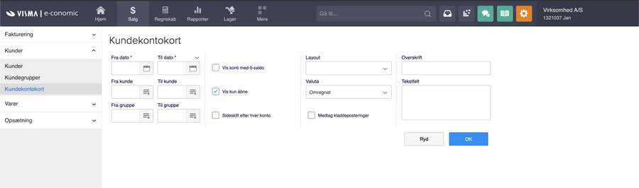 Viser indstillingerne for kundekontokort i Salgs-modulet – bruges til at udtrække et kontokort over posteringer for en eller flere kunder.
