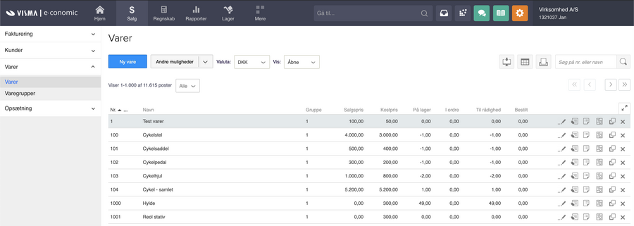 Viser varekartoteket i Salg-modulet – bruges til at oprette og administrere varer.