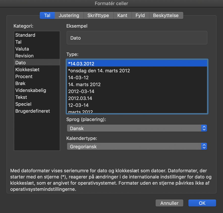 Viser valg af datoformat i 'Formatér celler'-vinduet i Excel – bruges til at ændre en datokolonne til formatet dd.mm.åååå.