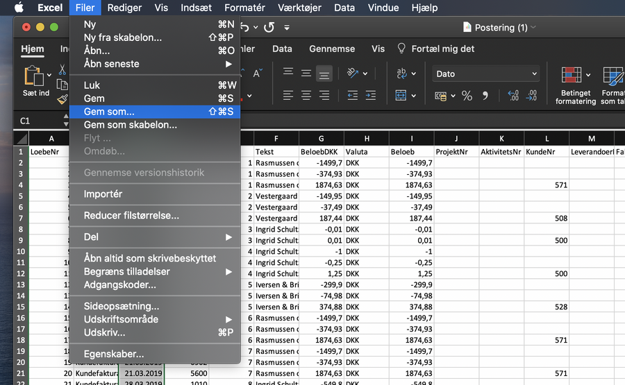 Viser menuen "Gem som..." i fanen "Filer" i Excel – bruges til at gemme regnearket i et andet filformat.