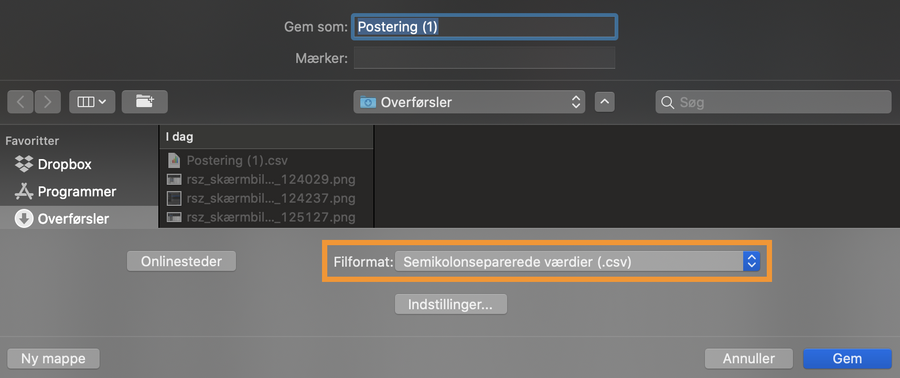 Viser valg af filformat i 'Gem som'-dialogboksen – bruges til at gemme en CSV-fil i det korrekte format til import i e-conomic.